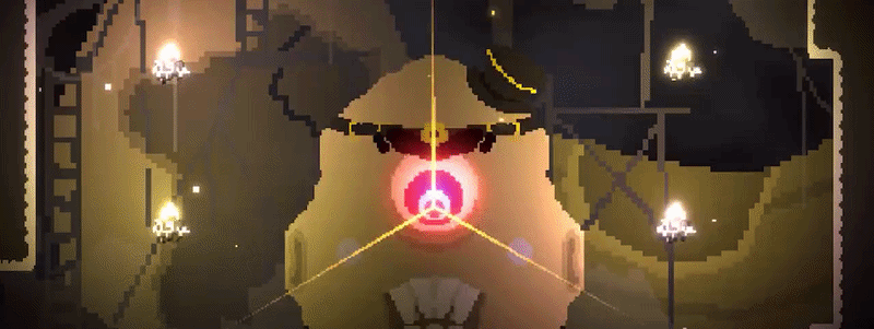 A huge boss with a glowing red core charges a triple beam attack in a dark cavern